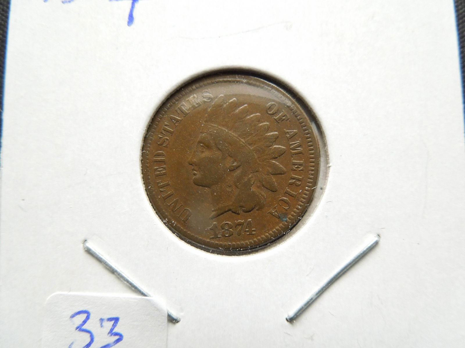 1874 Indian Cent.  Medium Brown Fine (1 of 3)