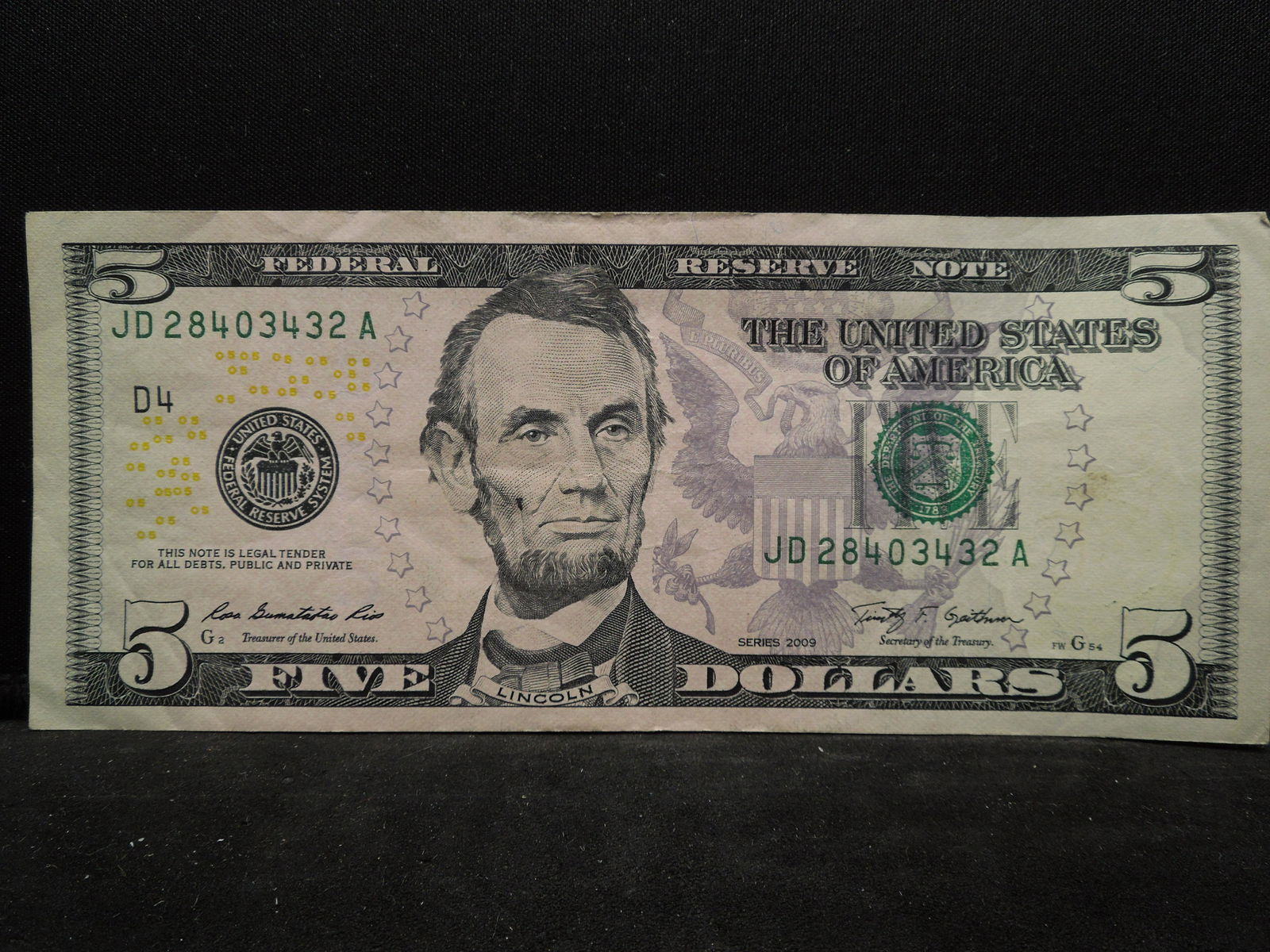 2009 Five Dollar Note, SN: JD28403432A (1 of 3)