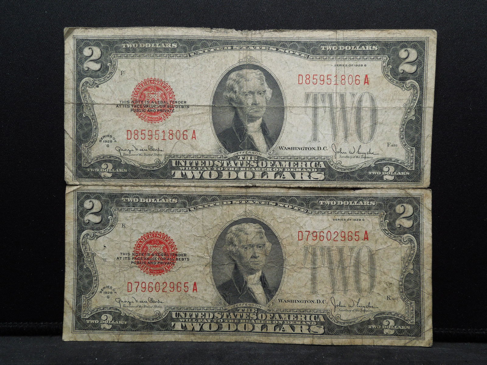 (2) 1928 G Red Seal Two Dollar Notes (1 of 4)