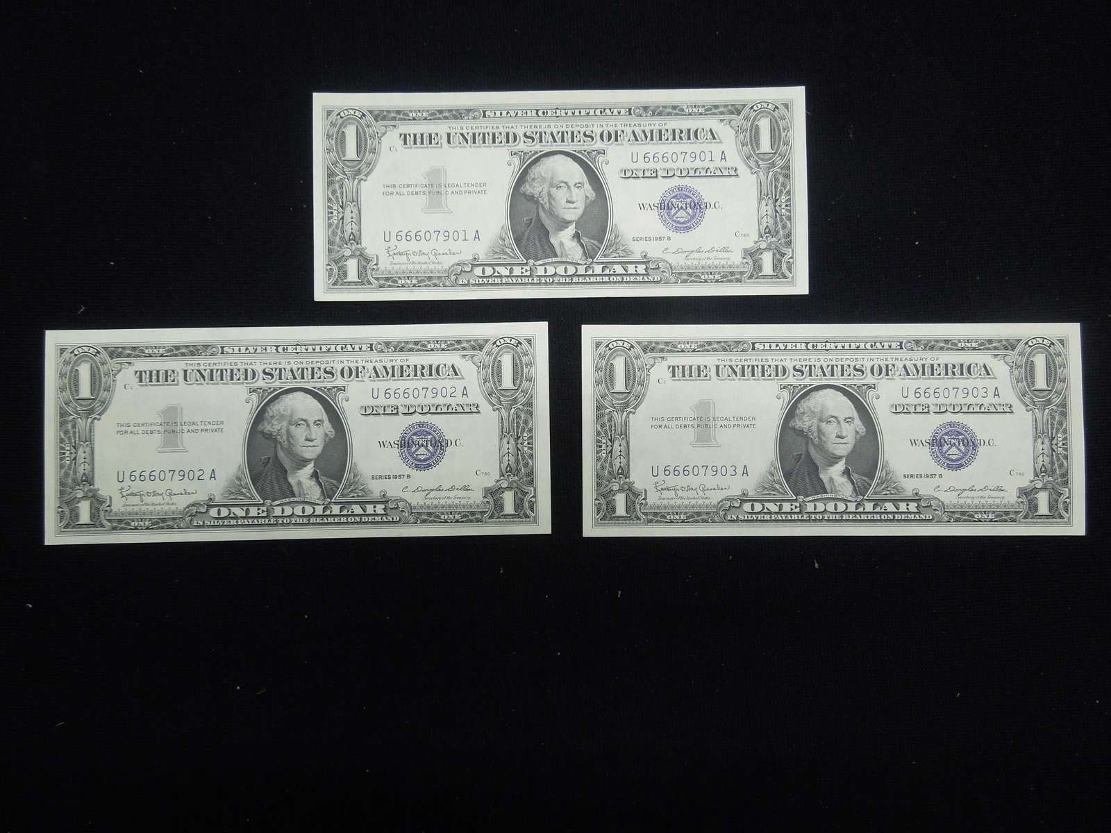 (2) 1957-B $1 Silver Certificates.  Consecutive Serial (1 of 5)