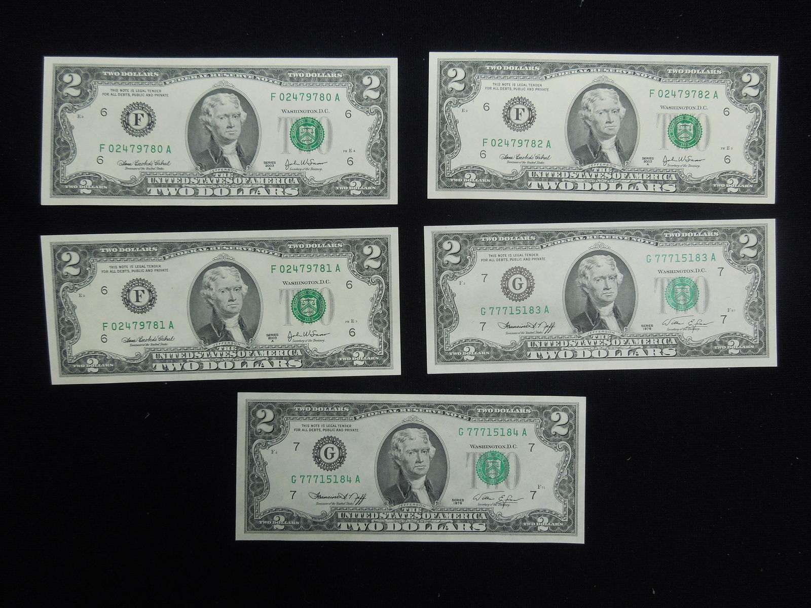 (5) 2003A $2 Federal Reserve Notes.  Consecutive serial (1 of 5)