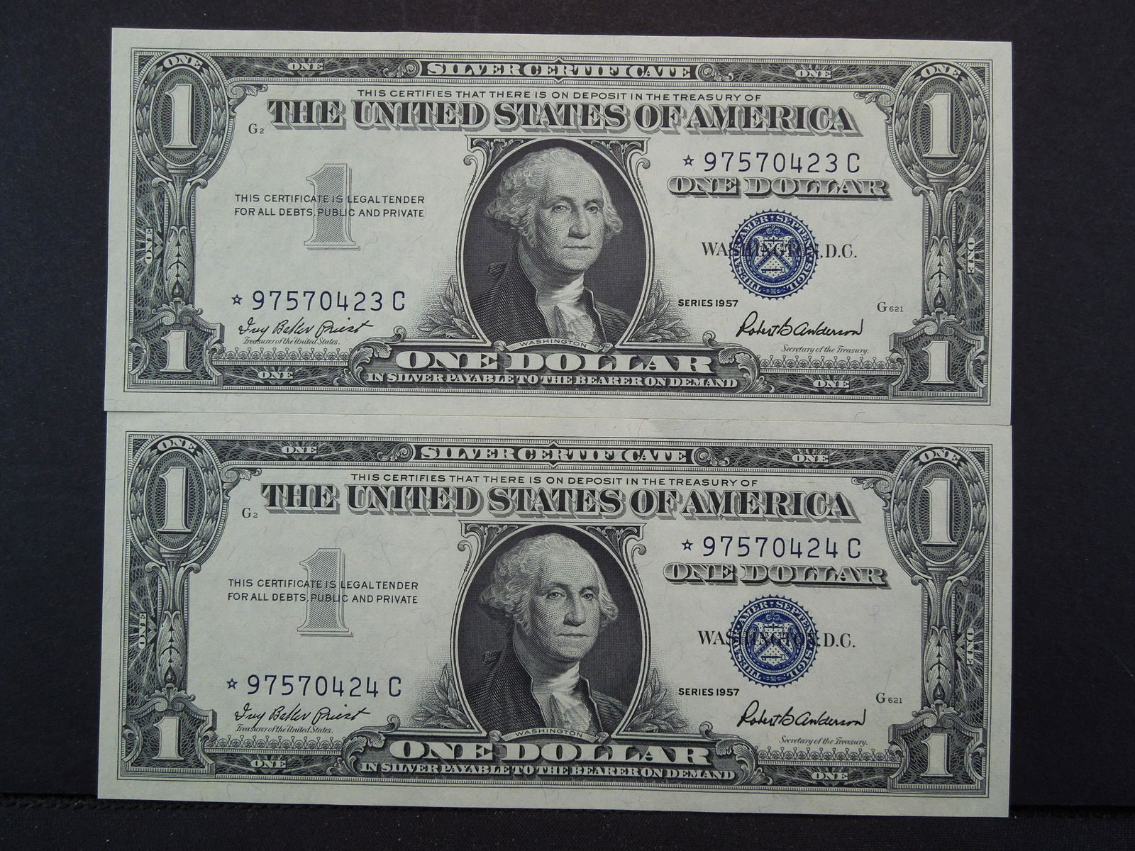 (2) 1957 $1 Silver Cert. Consecutive Serial Numbers. (1 of 4)