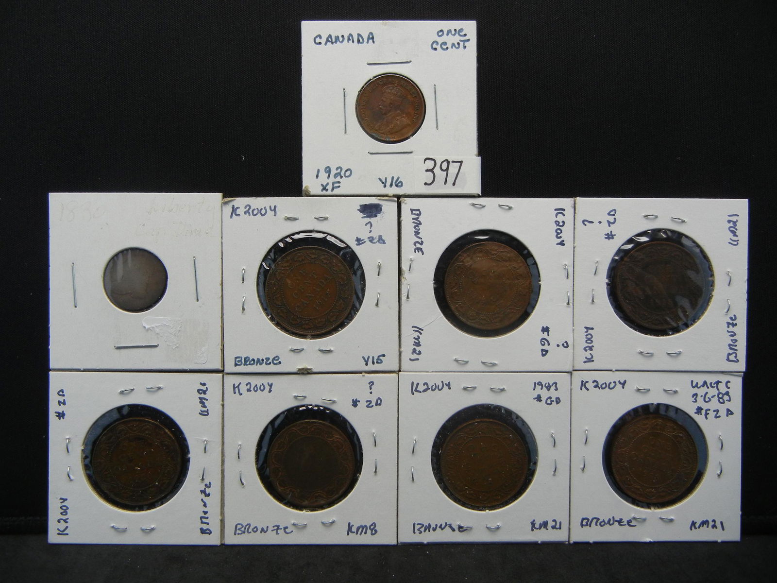 Lot of 8 Canadian Large Cents and one Small Cent 1920 (1 of 11)