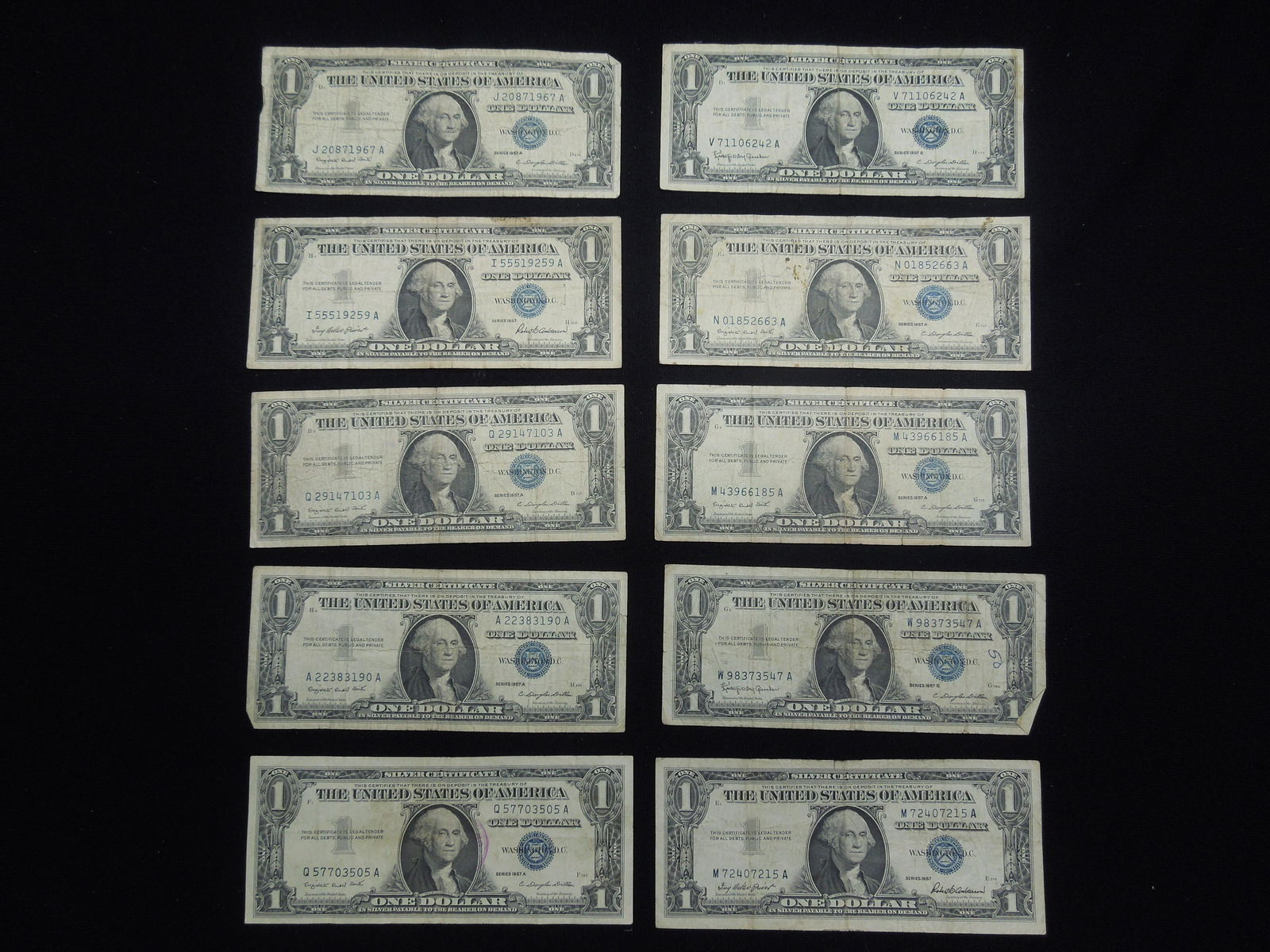 10 1957 One Dollar Silver Certificates (1 of 8)