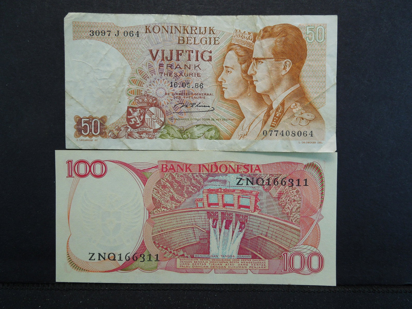 1984 Indonesia One hundred Rupiah, 1966 Belgium Fifty: 1984 Indonesia One hundred Rupiah, 1966 Belgium Fifty Francs