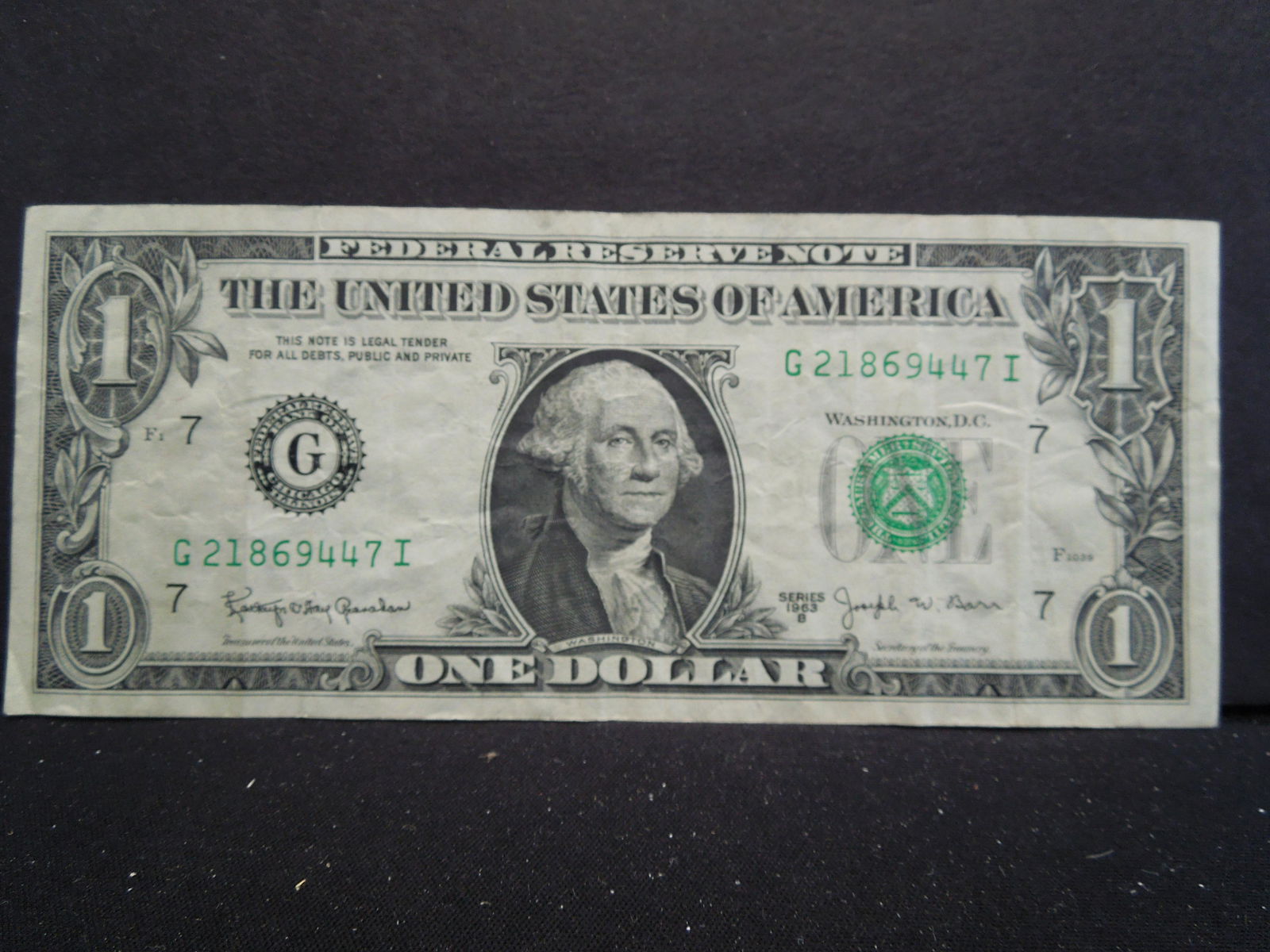 1963 B Barr One Dollar  Note (1 of 3)