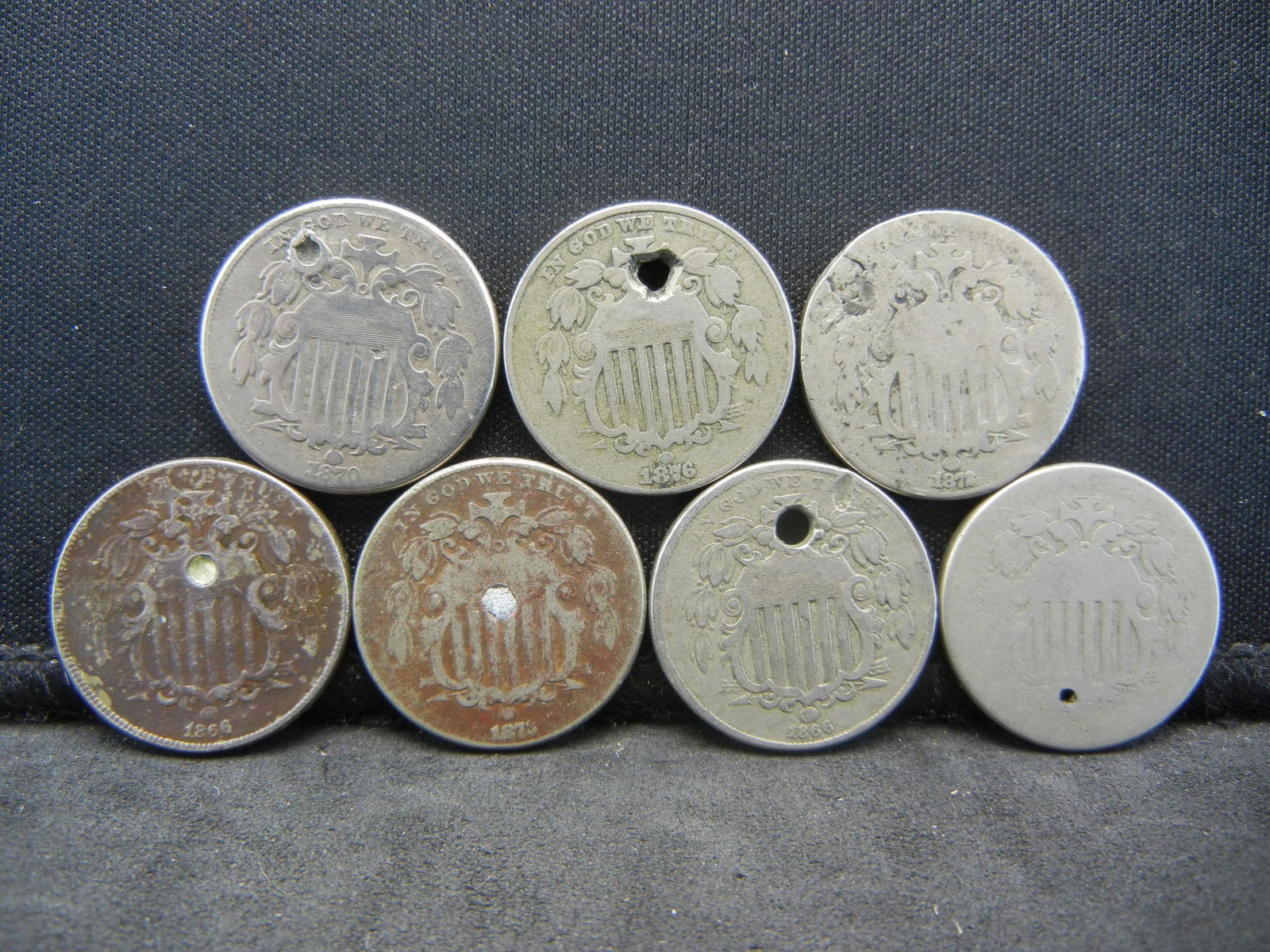 7 Shield Nickels 1866 X3, 1970, 1872, 1873, 1876(All (1 of 2)