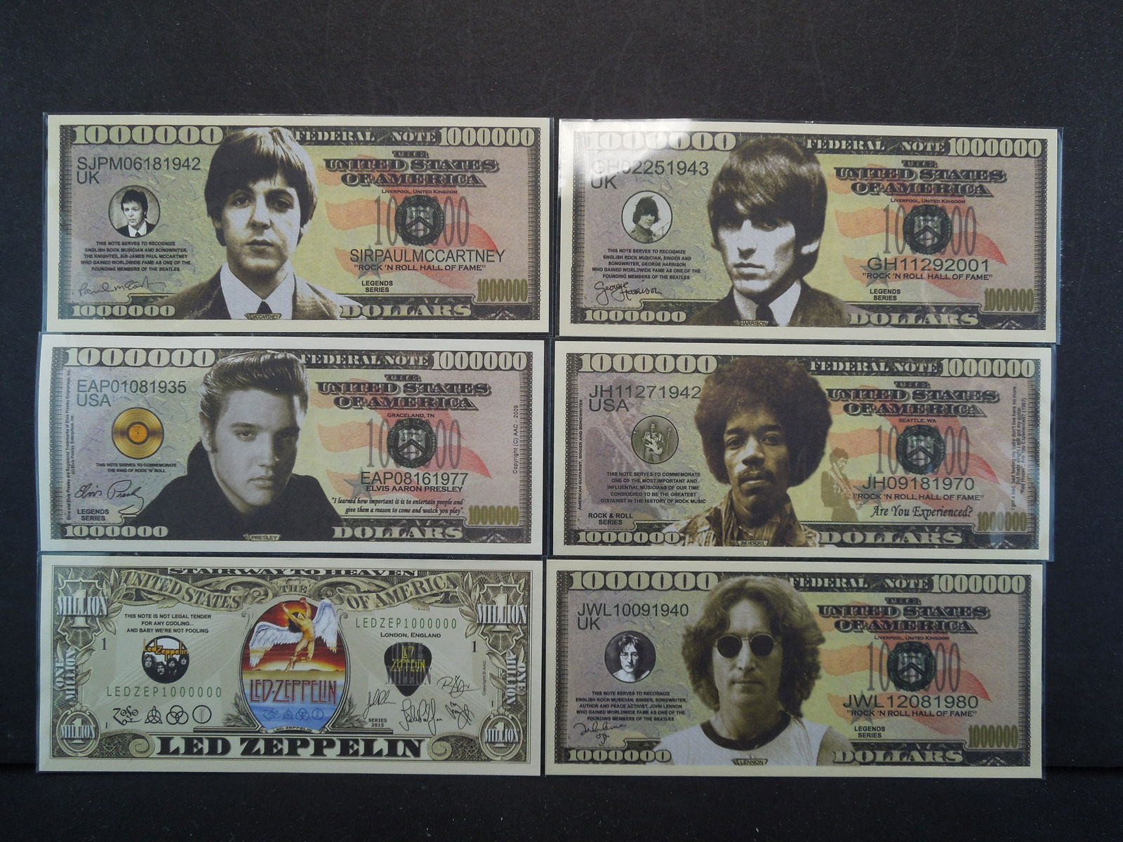 (6) MUSIC LEGENDS (ELVIS/LED ZEPPELIN/BEATLES & JIMI (1 of 9)