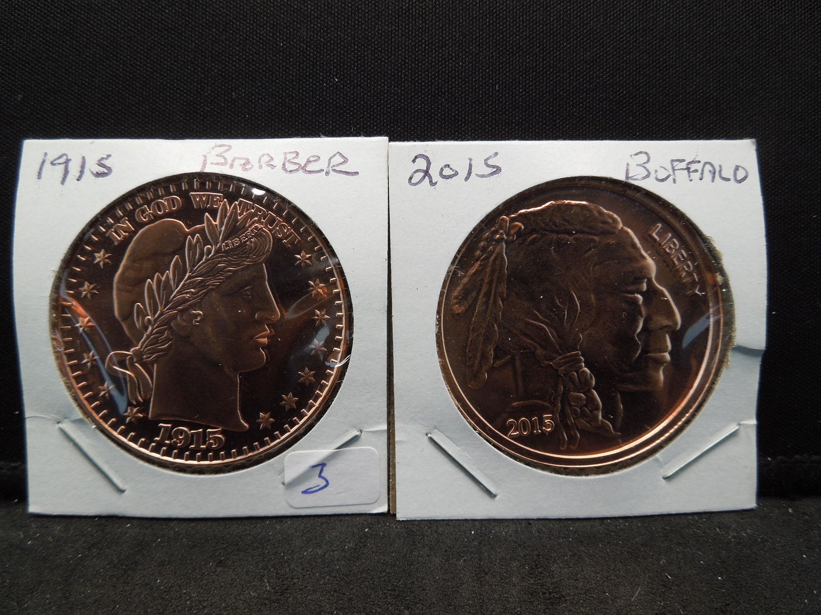 (2) One Ounce pure copper rounds:  1915 Barber and 2015 (1 of 2)