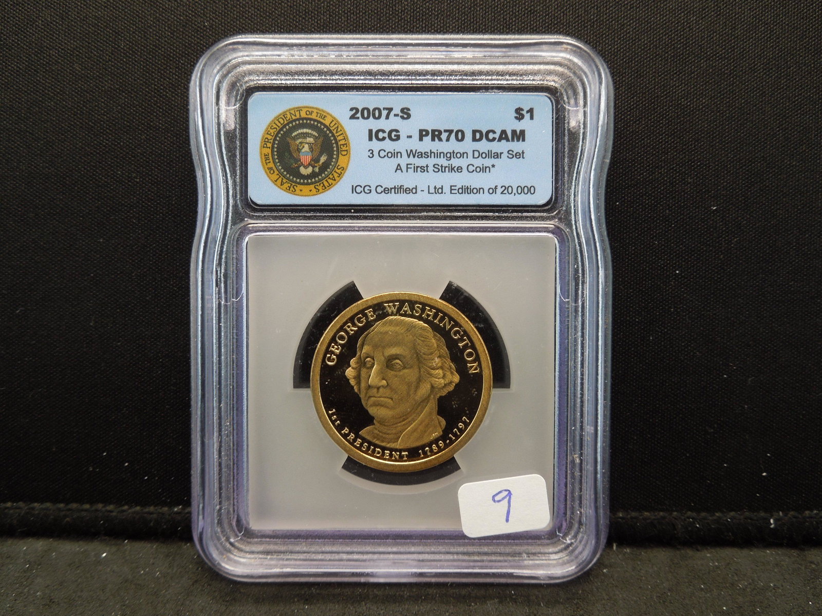 2007-S George Washington Presidential Dollar. Slabbed: 2007-S George Washington Presidential Dollar. Slabbed by ICG (2nd tier) as Proof 70, DCAM.