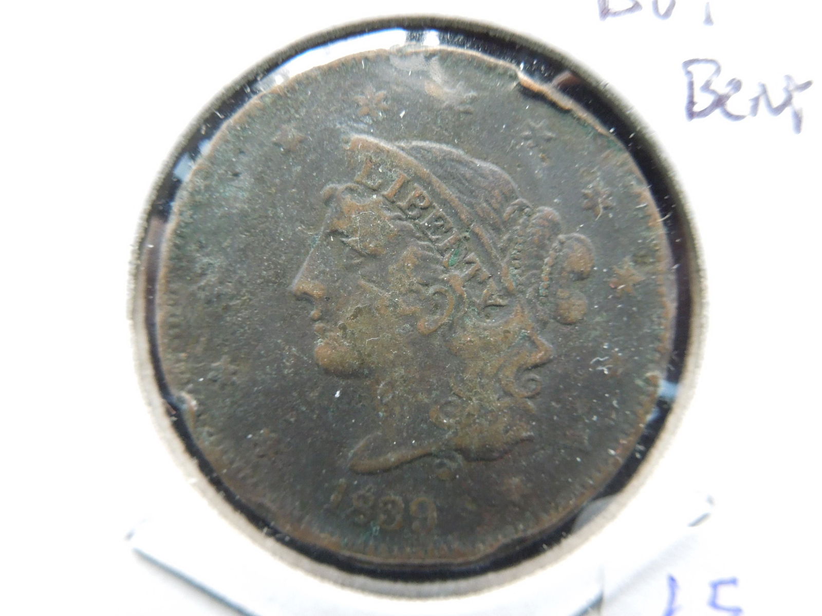 1839 US Large Cent Booby Head.  VF detail but bent. (1 of 3)