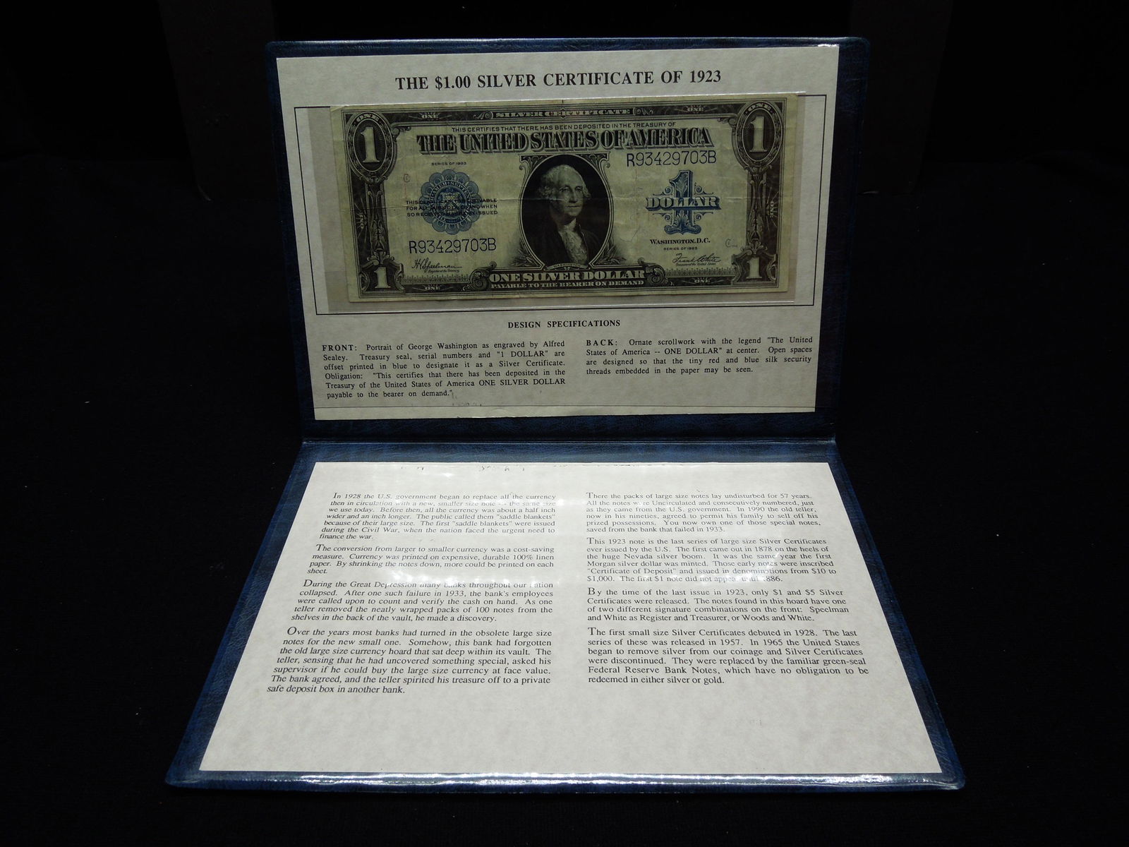 1923 $1 Silver Certificate in great display.   Note is (1 of 4)