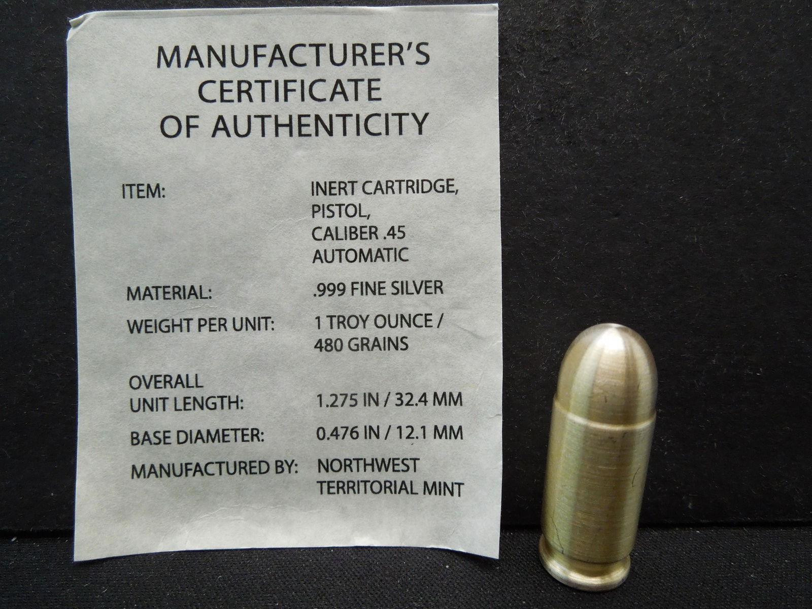 .45 Caliber .999 Silver Bullet - NWT Mint - Rare Find, (1 of 3)