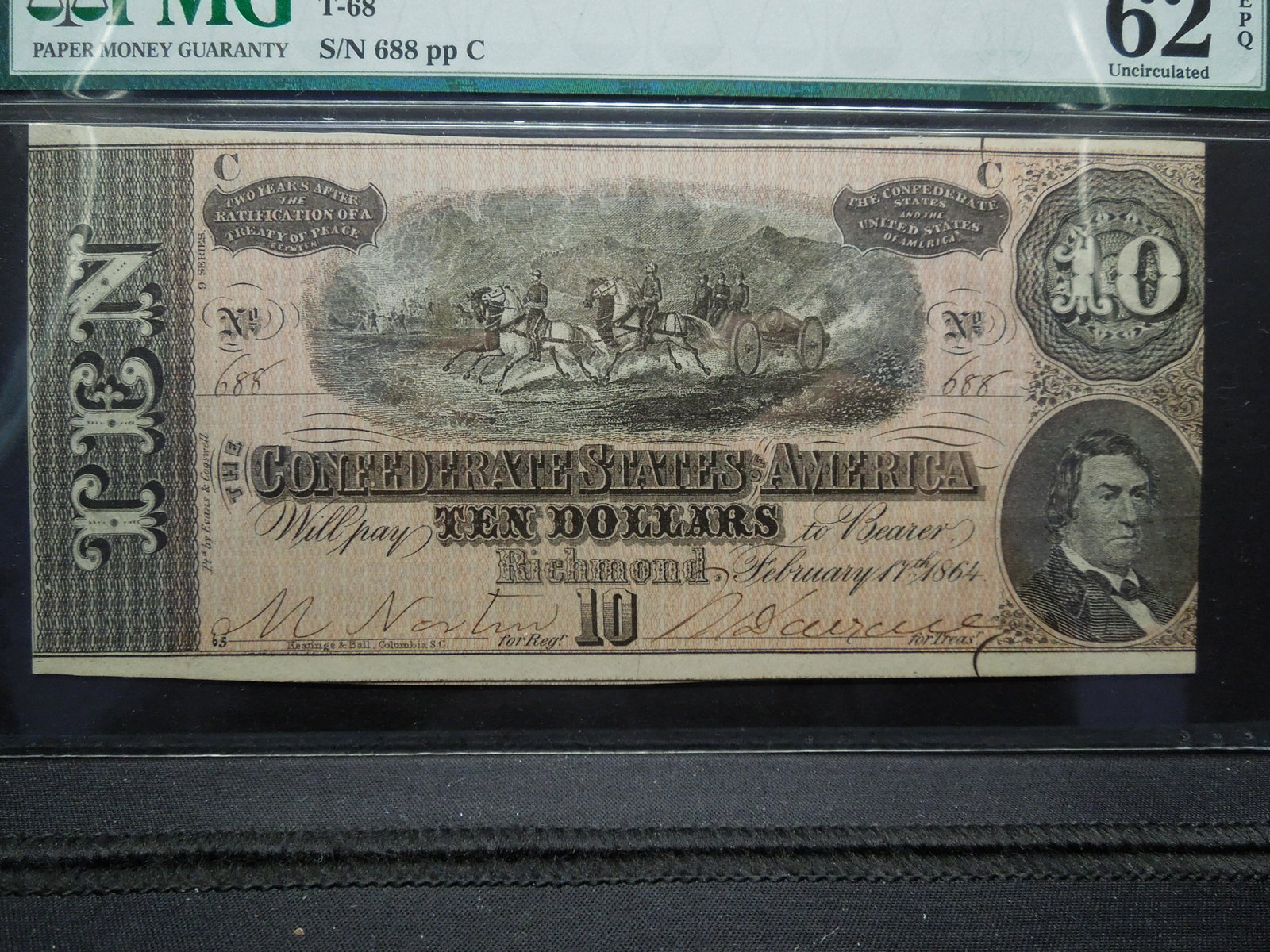 1864 Confederate States of America $10. T-68. PMG 62: 1864 Confederate States of America $10. T-68. PMG 62 EPQ. UNC.