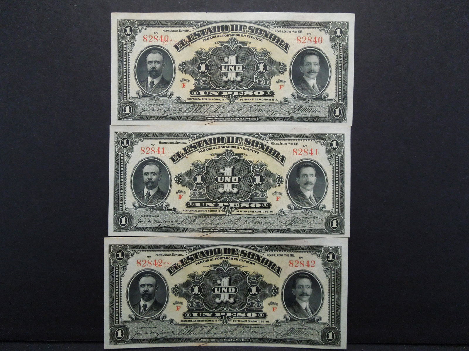 1913 Mexico, Sonora 1 Peso.  3 Consecutive Serial (1 of 5)