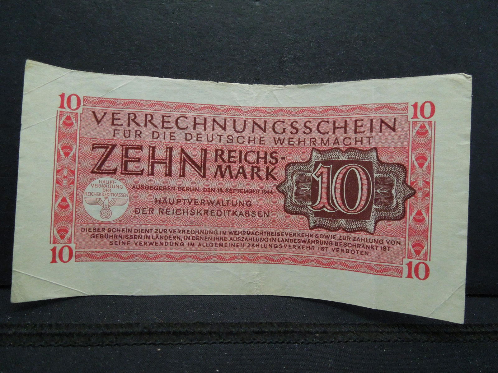 1944 Germany 10 Reichsmark.  Scarce Note. (1 of 3)