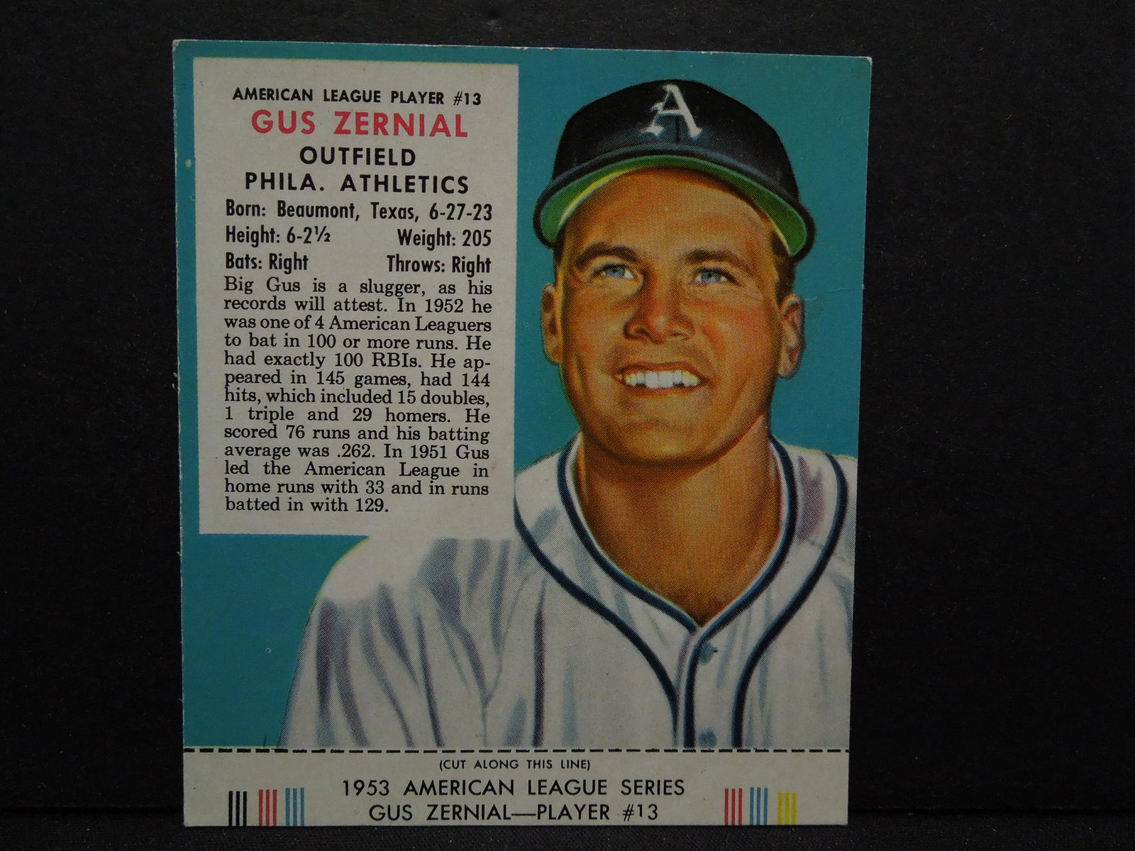 1953 Red Man Baseball Card w/Tag.  #13 Gus Zernial. (1 of 3)