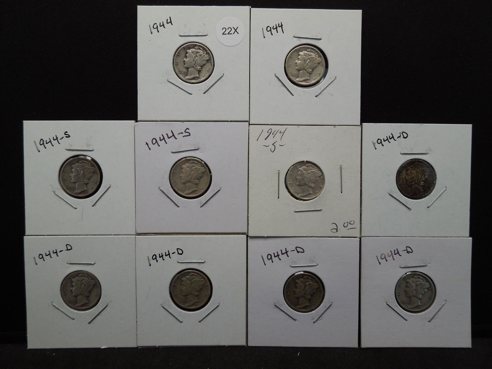 (10) 1944 Mercury Dimes, Some Mint Marks (1 of 7)