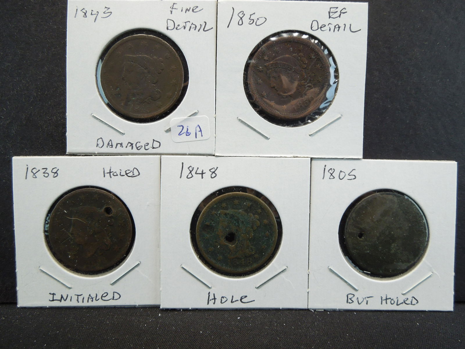 (5) Cull Large Cents:  1805 Holed, 1838 Holed, 1843 (1 of 7)