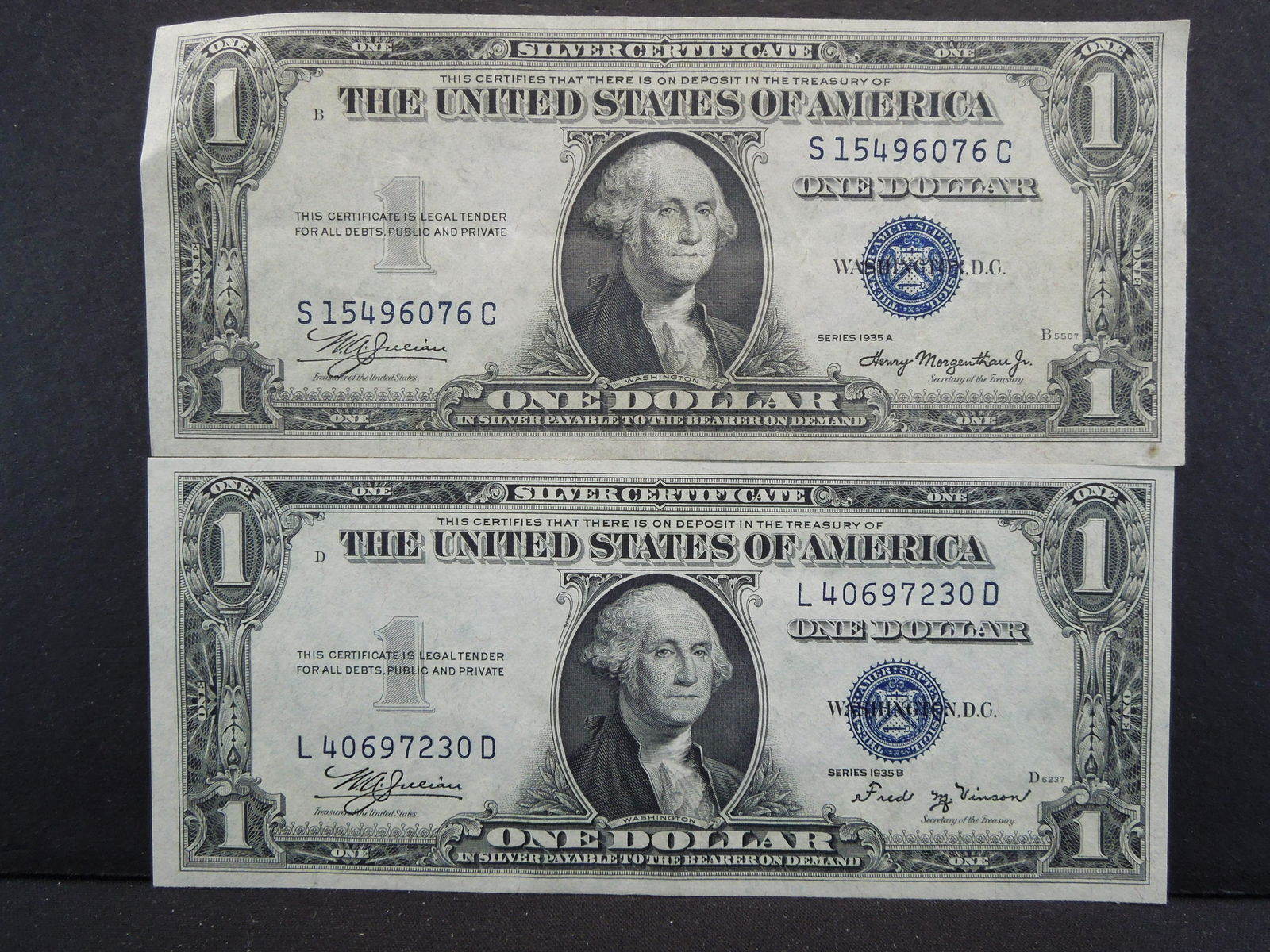 (2) 1935 $1 US Silver Certificates.  1935 A and 1935 B. (1 of 4)