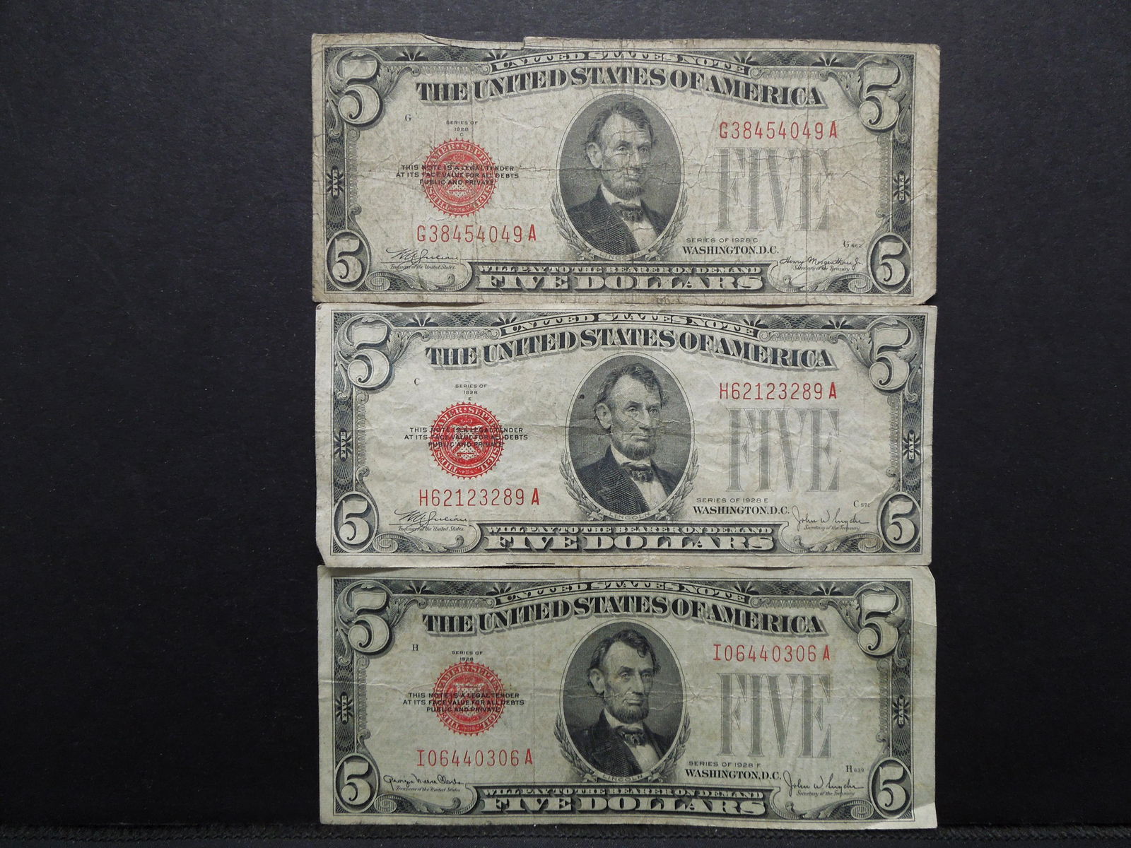 (3) different 1928 US $5 Notes.  1928-C,28-E, and 28 F. (1 of 5)