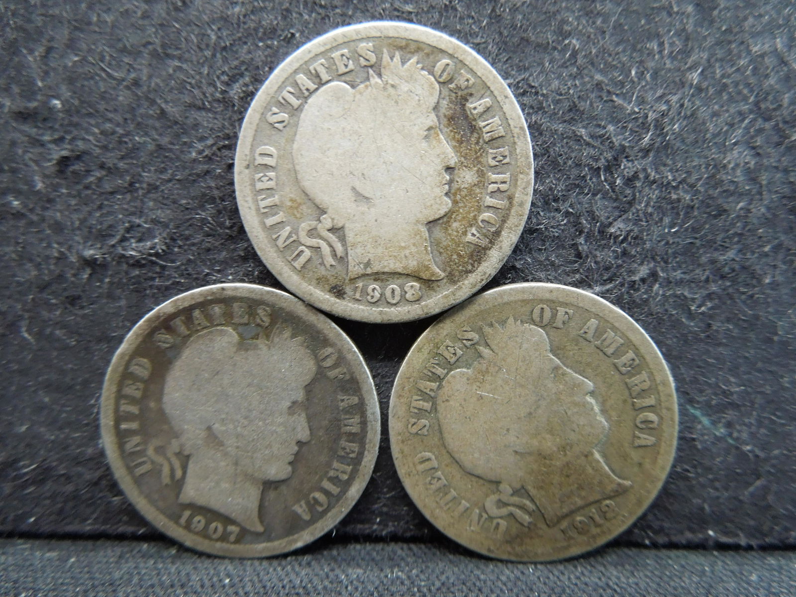 3 Barber Dimes 1907 1908 1912 Three Coin Lot (1 of 2)
