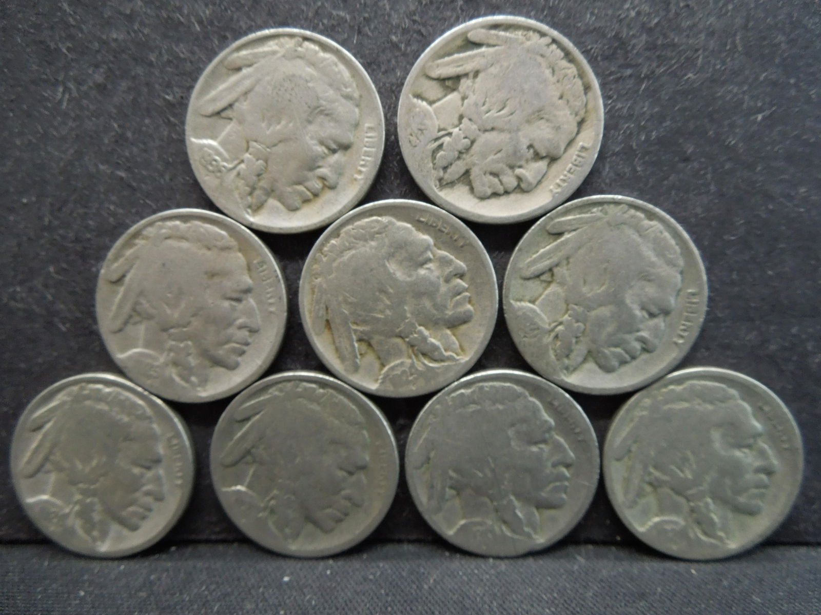9 Buffalo Nickels 1920 S, 23, 24, 25 S, 26, 27. 29 D, (1 of 2)