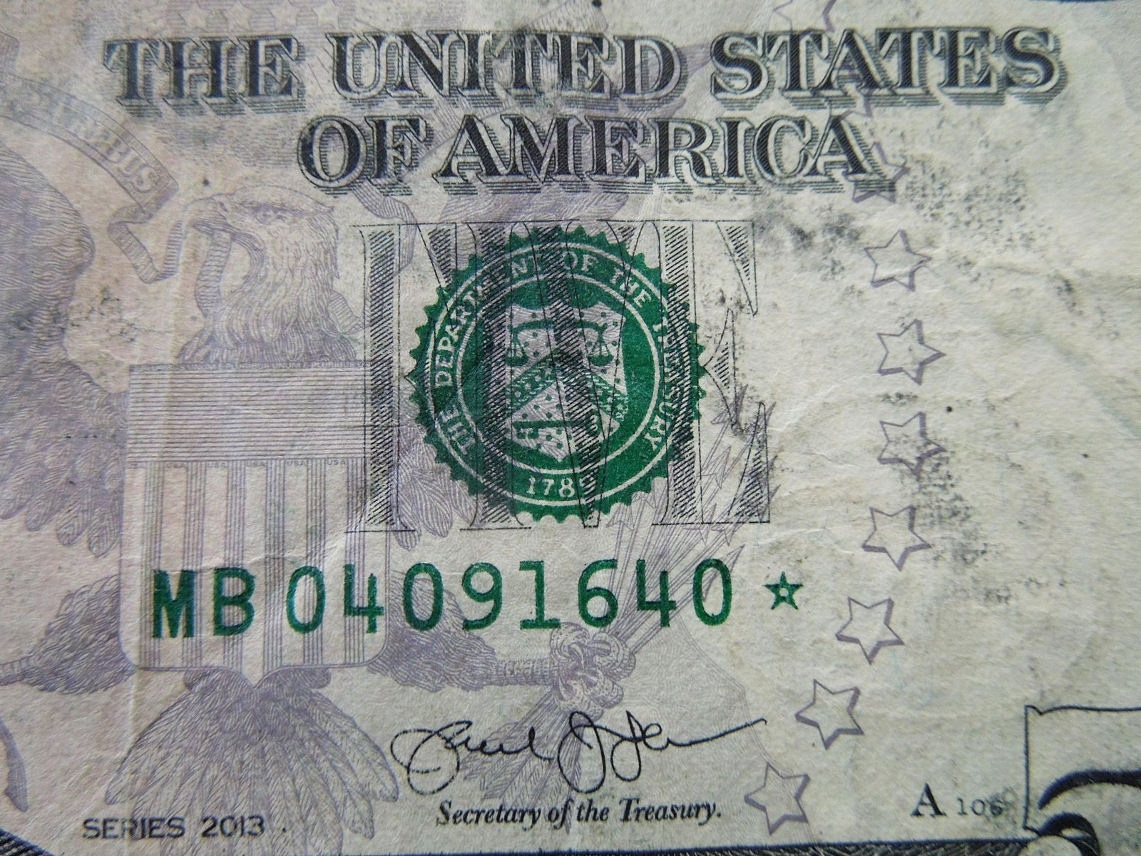 2013 Star Note Five Dollar Bill Low SN "0" Bookends (1 of 2)