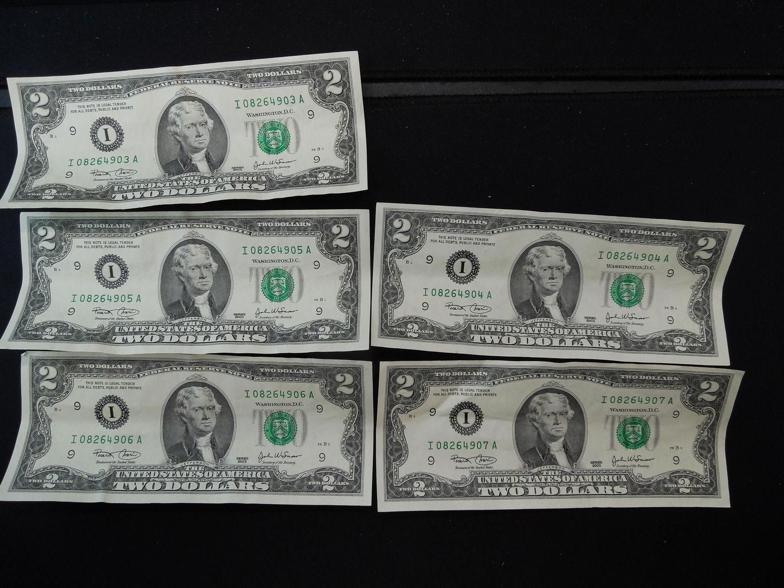 (5) 2003 Consecutive Order Two Dollar Bills With Low SN (1 of 7)
