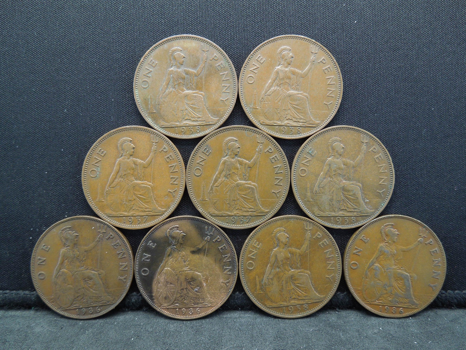 1935, (3) 1936, (2) 1937, (3) 1938 British Pennies (1 of 2)