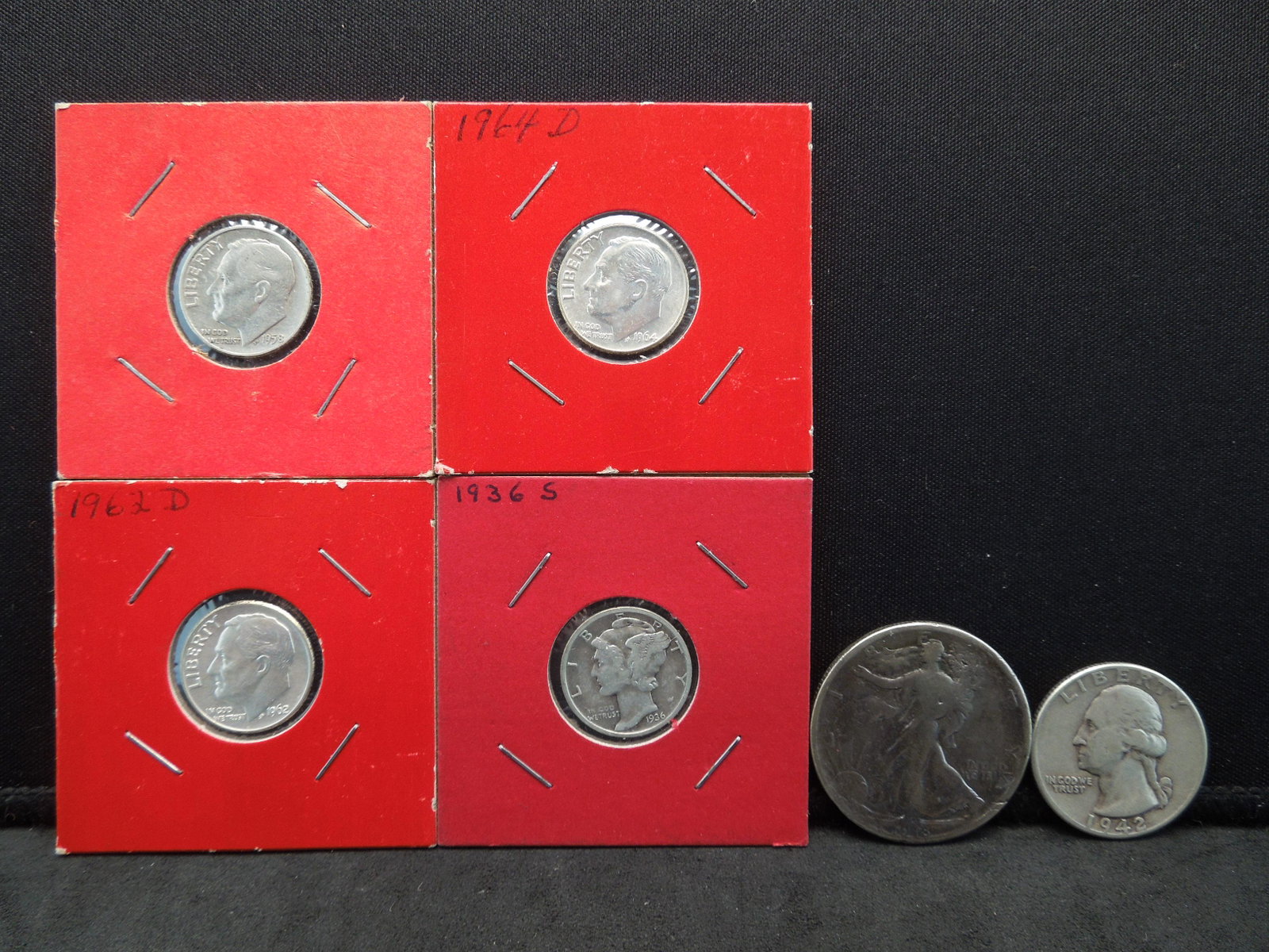 1918 Walker, 1942 Quarter (3) Silver Rosie Dimes, (1): 1918 Walker, 1942 Quarter (3) Silver Rosie Dimes, (1) Merc Dime
