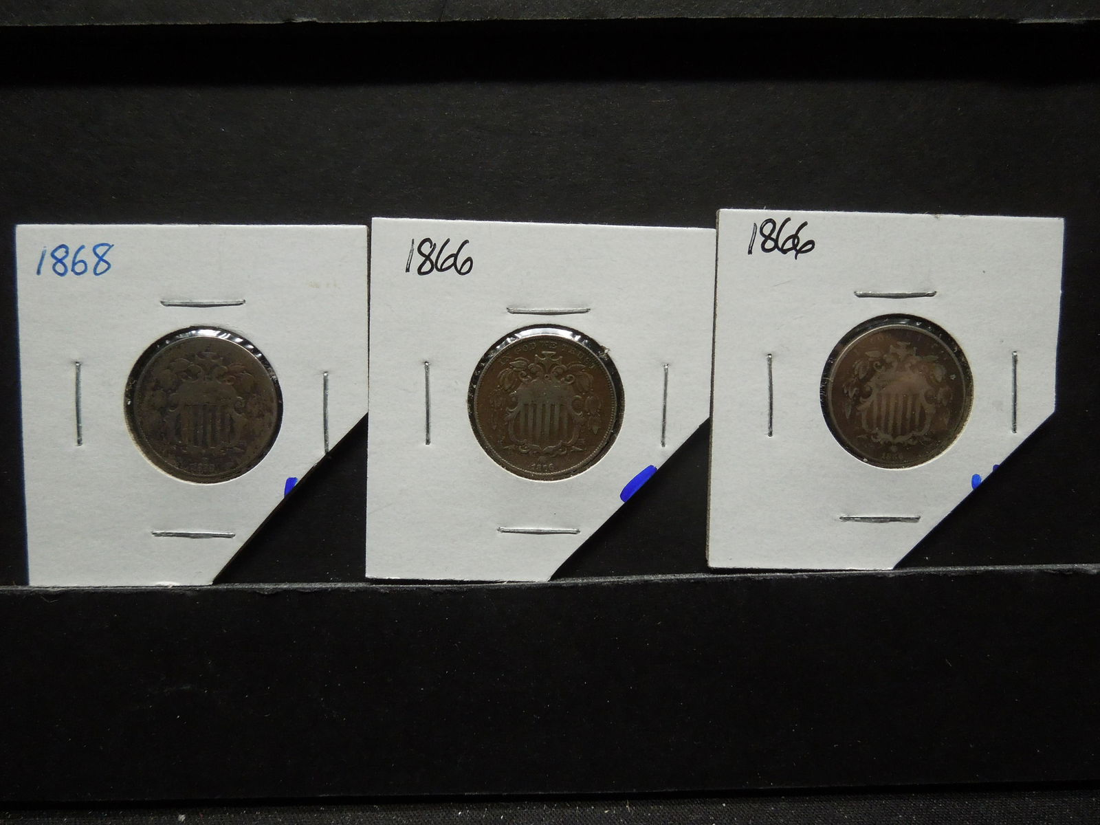 3 Shield Nickels - 1866, 1866, & 1868. (1 of 2)