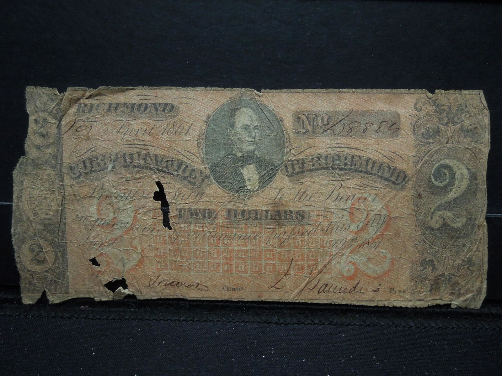 1861 Corporation of Richmond Virginia Two Dollar Bill: 1861 Corporation of Richmond Virginia Two Dollar Bill