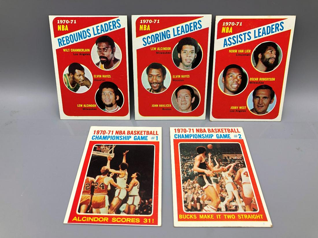 1971-72 Topps Basketball Leaders and Postseason Cards -: 1971-72 Topps Basketball Leaders and Postseason Cards - Lew Alcindor, Wilt Chamberlain, Oscar Robertson, Jerry West