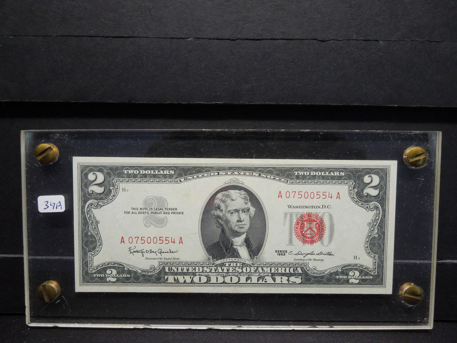 1963 US $2 Note “Red Seal” in lucite.  GEM Crisp Unc. (1 of 3)