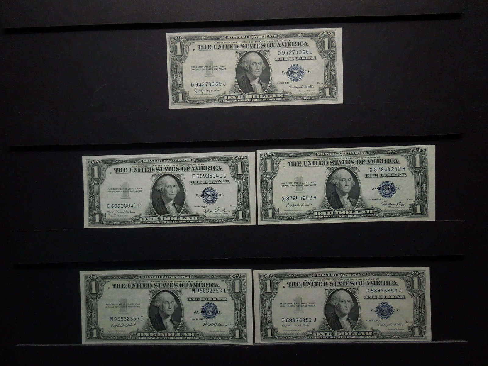 (5) Different $1 Silver Certificates: 1935 D, 35 E, 35: (5) Different $1 Silver Certificates: 1935 D, 35 E, 35 F, 35 G, and 35 H.