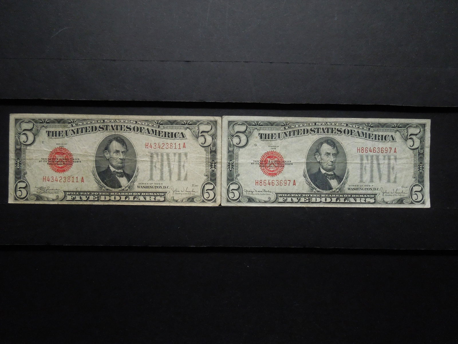 (2) 1928 Red Seal $5 Notes:  1928 E and 1928 F.  Very (1 of 4)