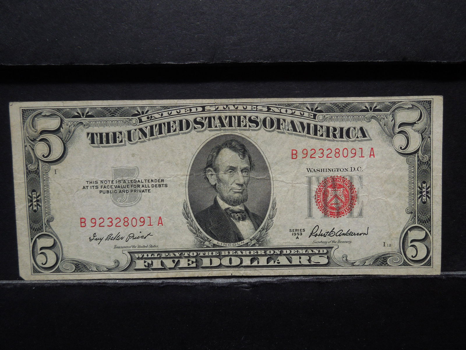 1953 A $5 US Red Seal Note.  Very Fine. (1 of 3)