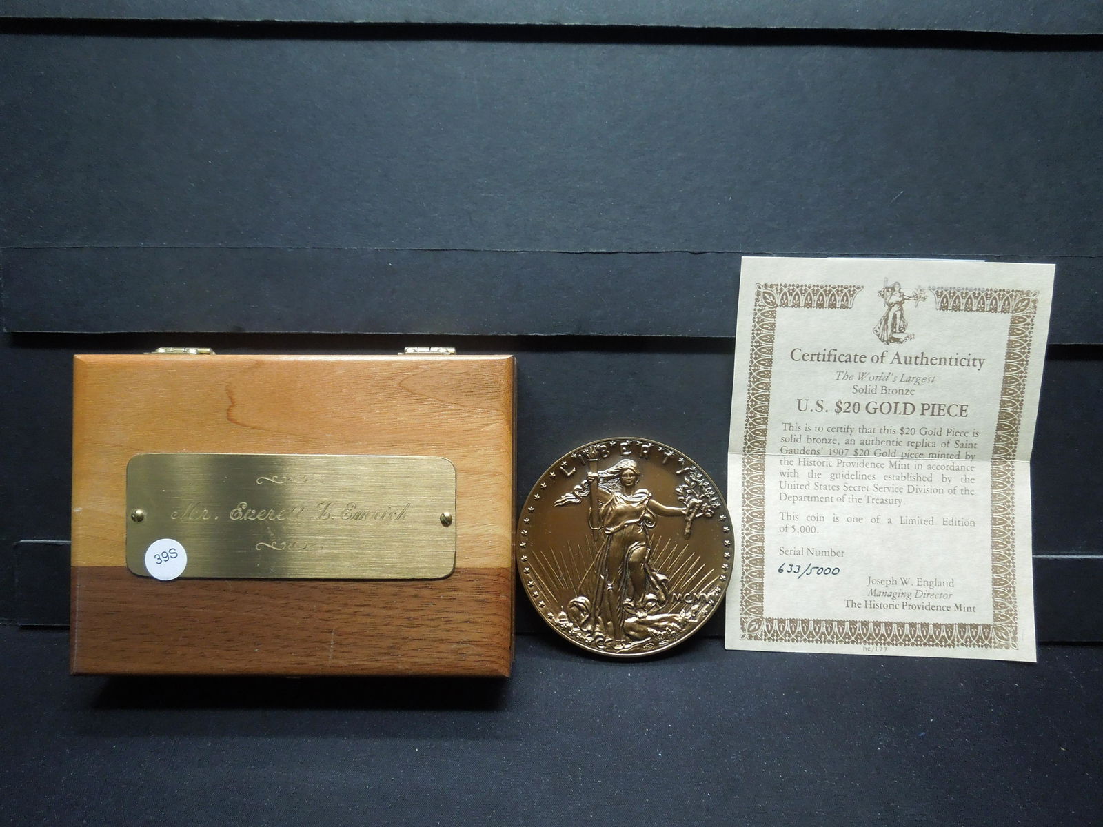 NOT REAL GOLD Twenty Dollar Gold Piece, Solid Bronze SN: NOT REAL GOLD Twenty Dollar Gold Piece, Solid Bronze SN 633/5000