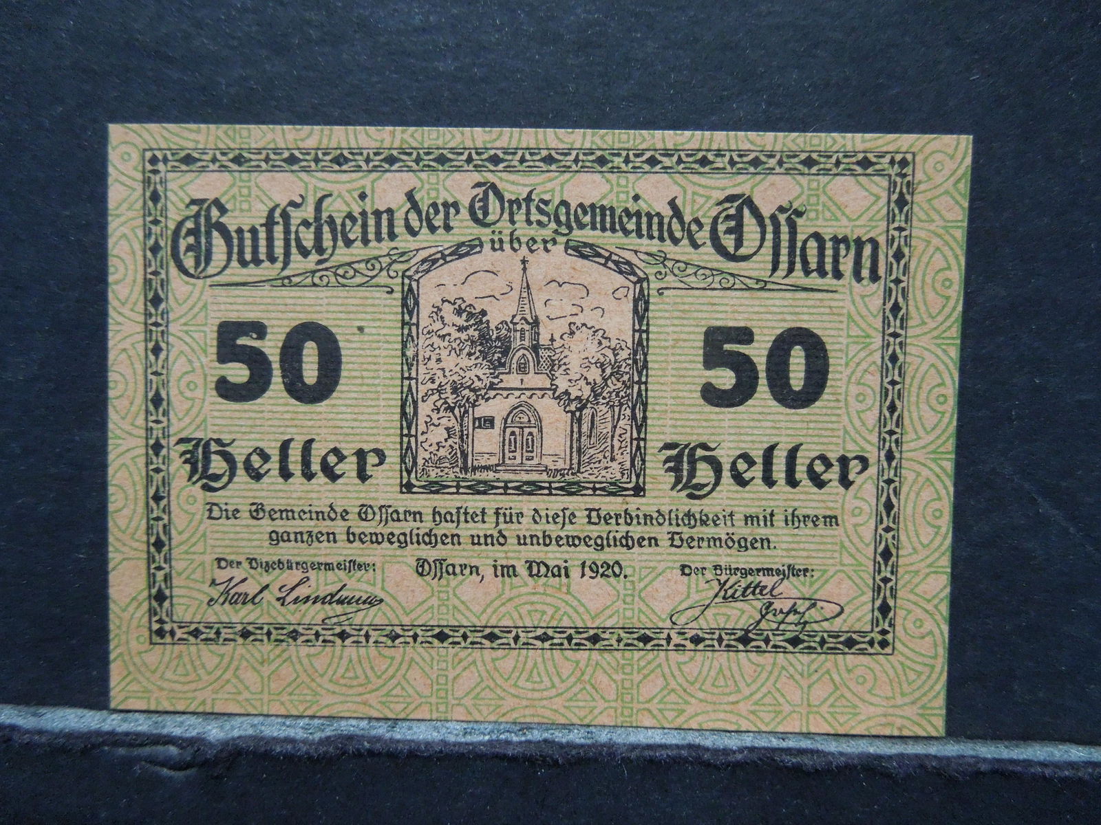 1920 German Notgeld Fifty Heller Note Crisp Unc (1 of 3)