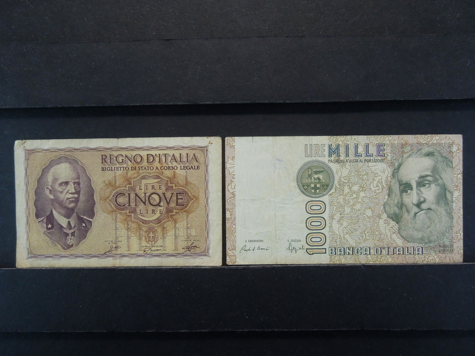 1940 Italy Five Lire Note, 1982 Italy One Thousand Lire (1 of 4)