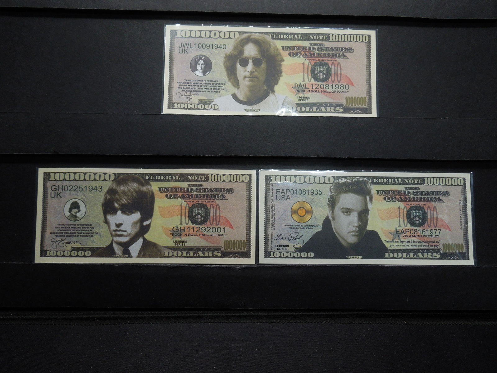 (3) MUSIC LEGENDS (GEORGE HARRISON/ELVIS/JOHN LENNON),: (3) MUSIC LEGENDS (GEORGE HARRISON/ELVIS/JOHN LENNON), CRISP/NOT LEGAL TENDER/NOVELTY