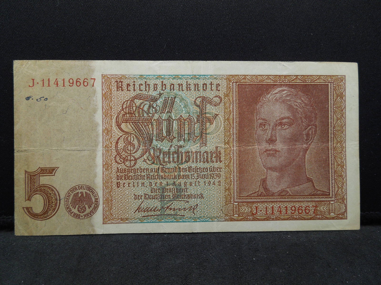 1942 Germany 5 Reichsmarks.  VF.  Wartime note and (1 of 3)