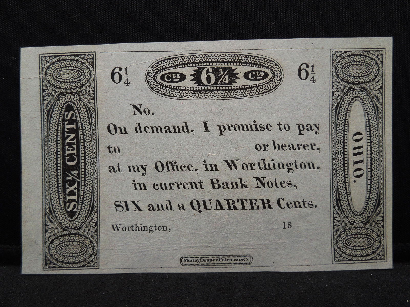 1819 Worthington Ohio 6 ¼ Cent note from Ezra Griswold. (1 of 2)
