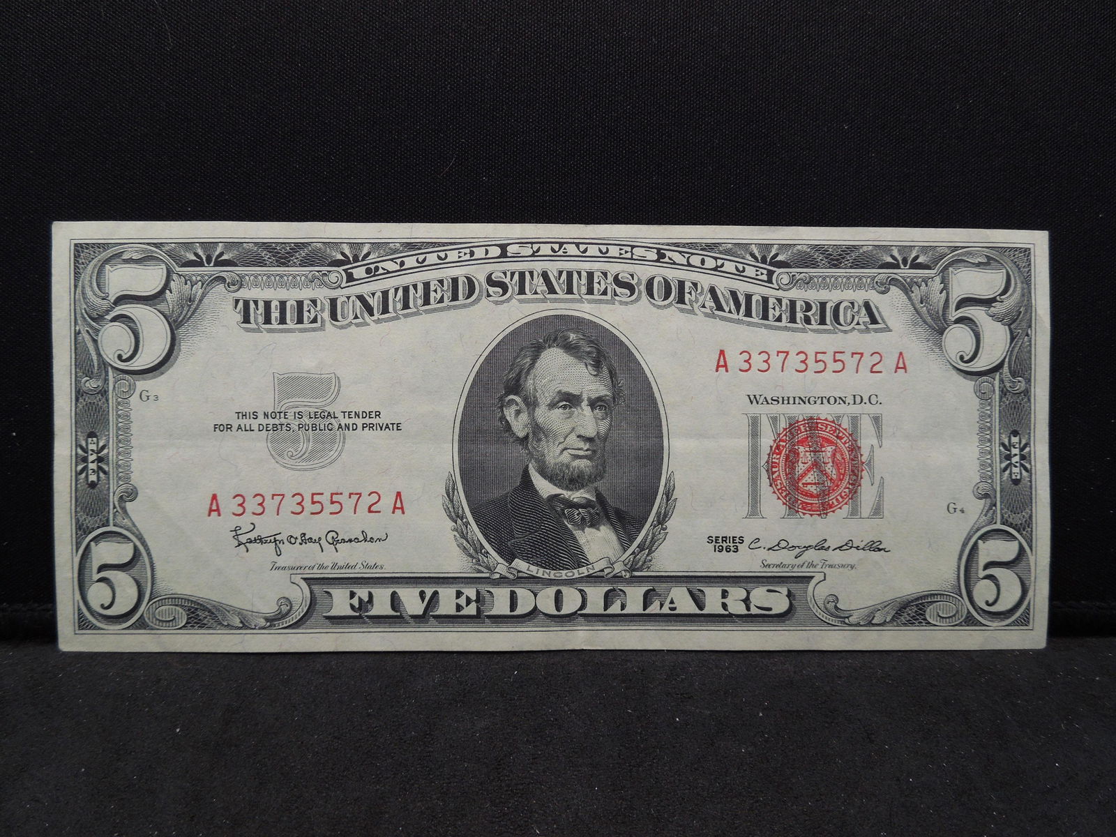 1963 $5 US Note.  Red Seal.  Nice XF. (1 of 3)
