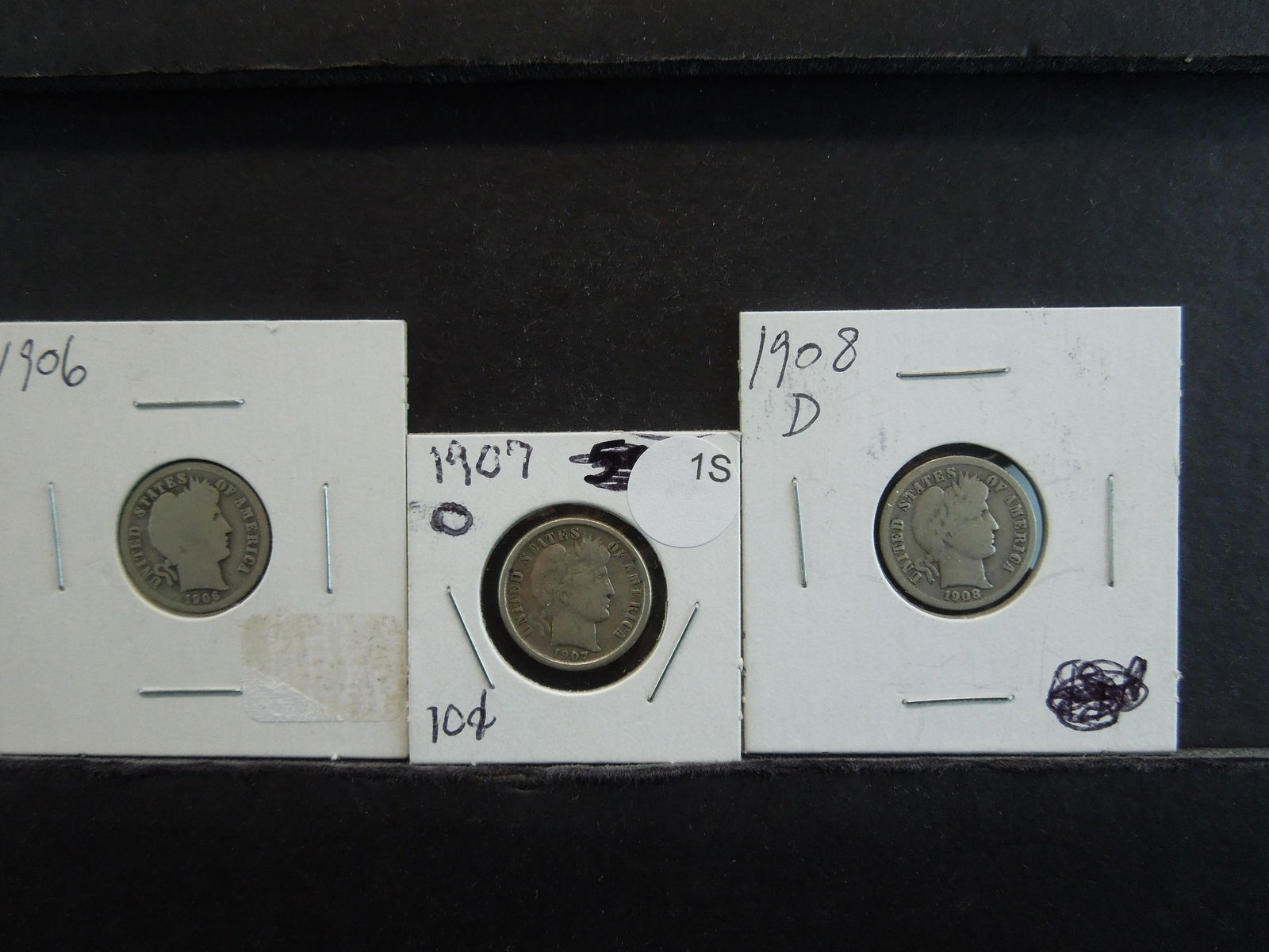 1906, 1907 O, 1908 D Barber Dimes (1 of 3)