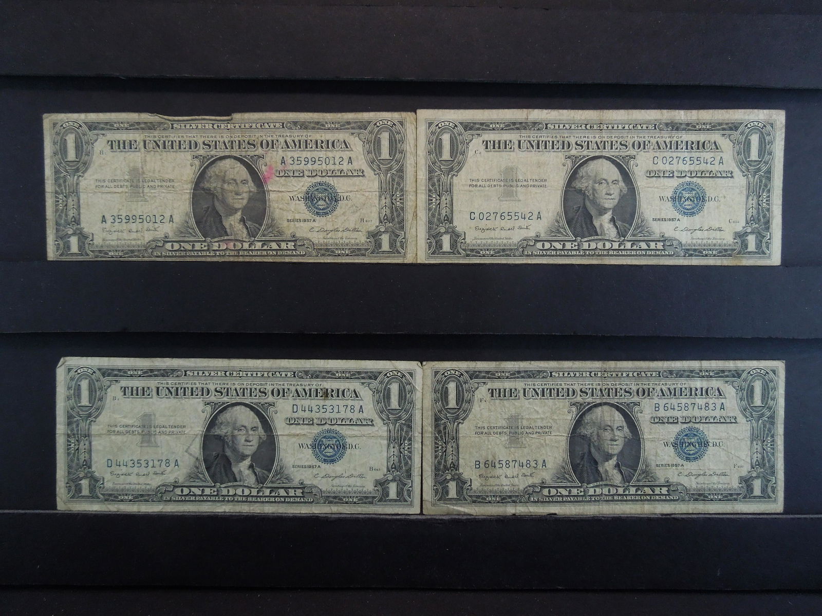 (4) 1957 A One Dollar Silver Certificates, One has a (1 of 4)
