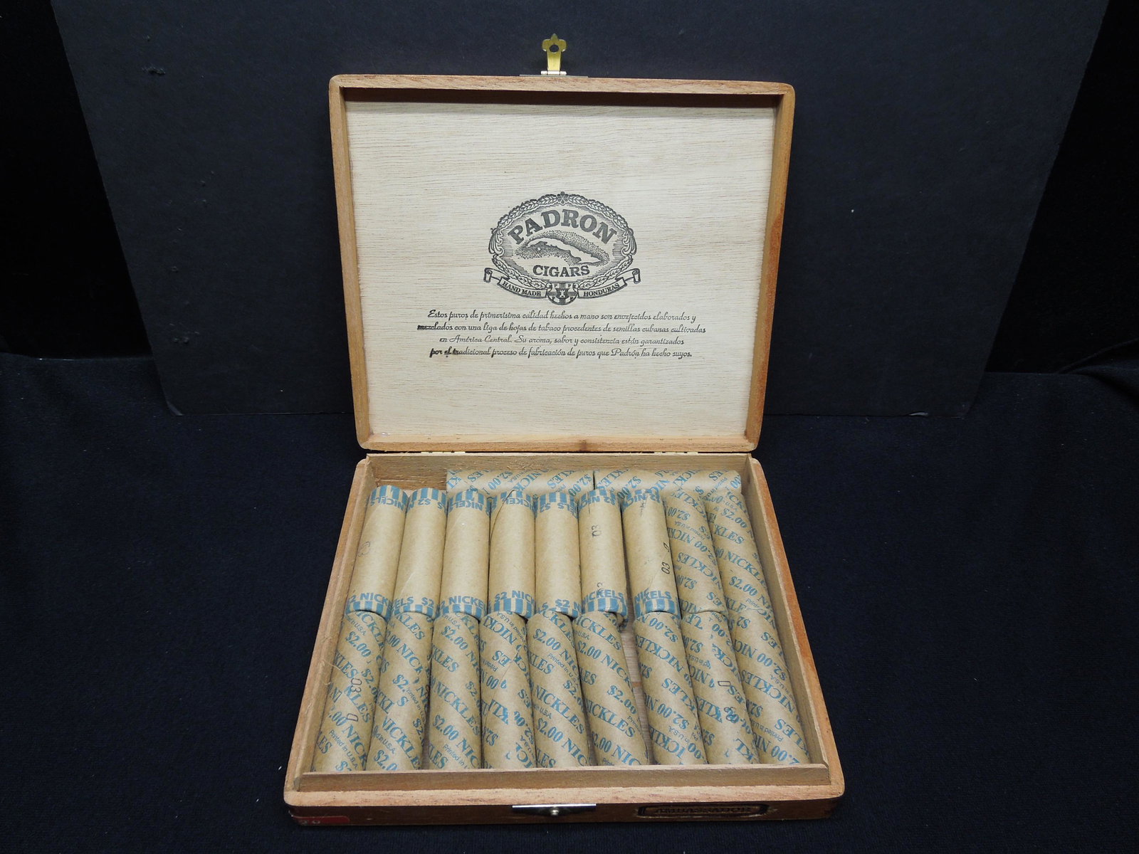 Collection of (20) $2 Nickel Rolls in Cigar Box: Collection of (20) $2 Nickel Rolls in Cigar Box
