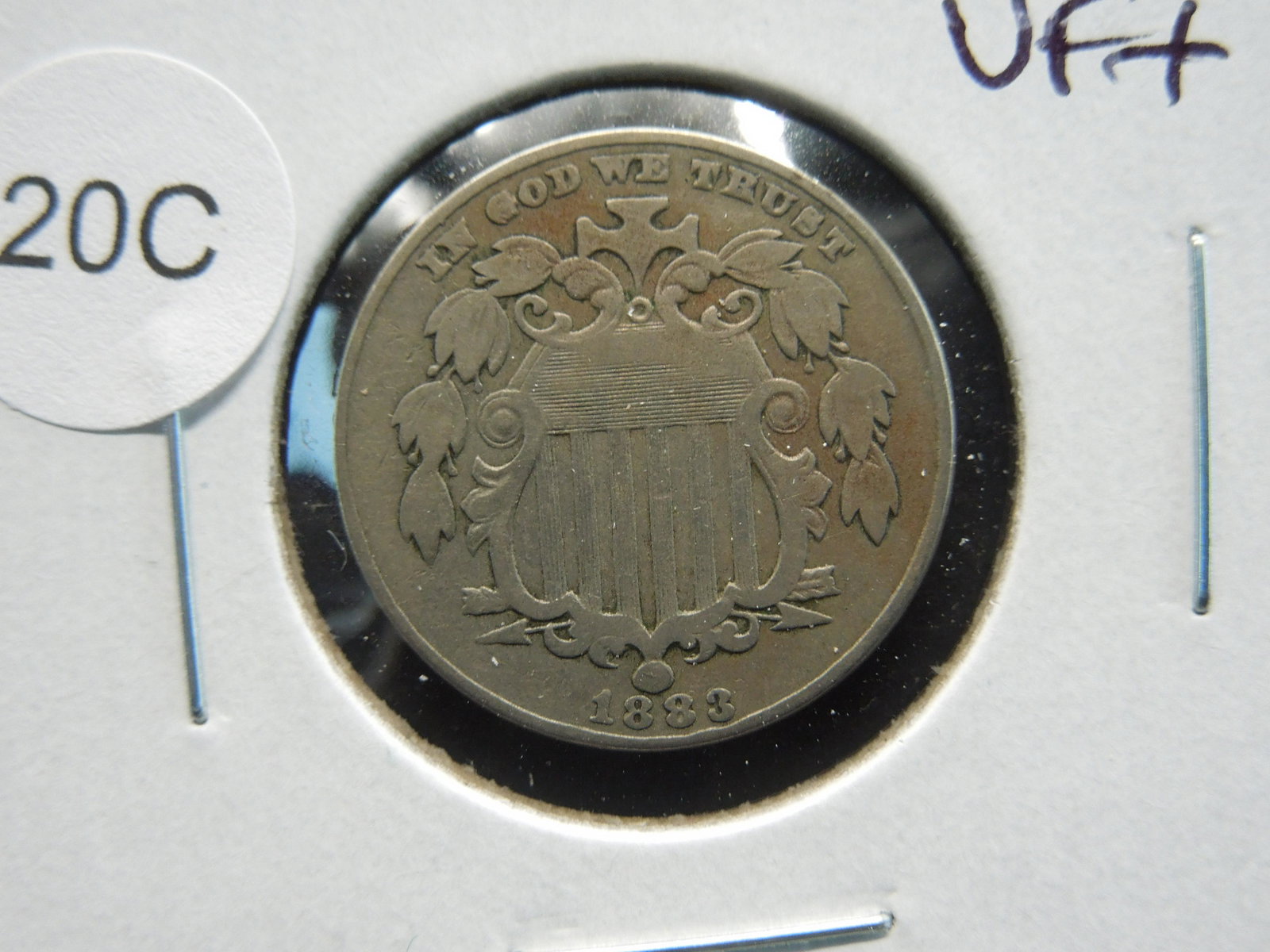 1883 Shield 5c.  VF+. (1 of 3)