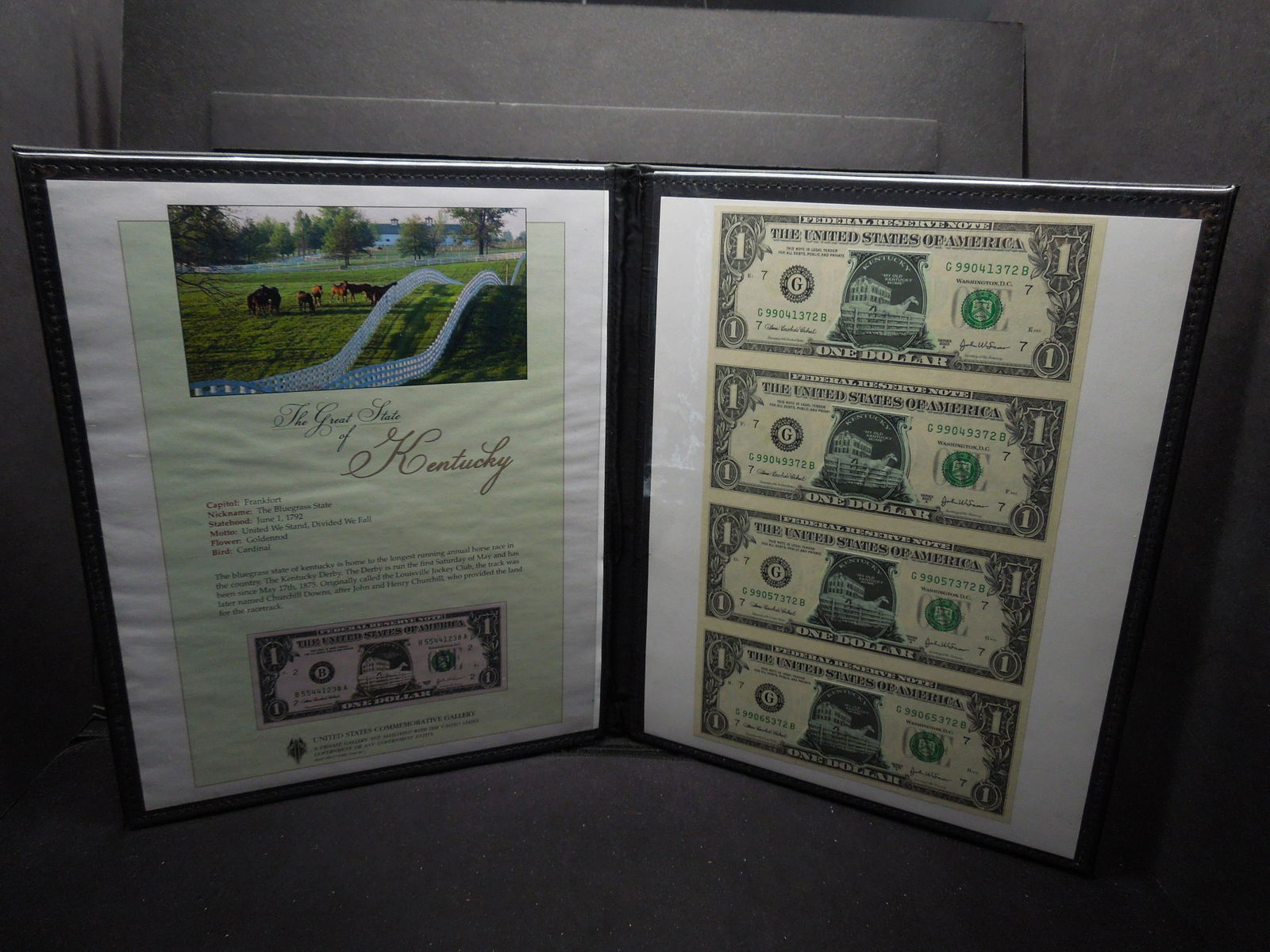 Uncut Sheet of 4 $1 US Bank Notes - State of Kentucky (1 of 5)